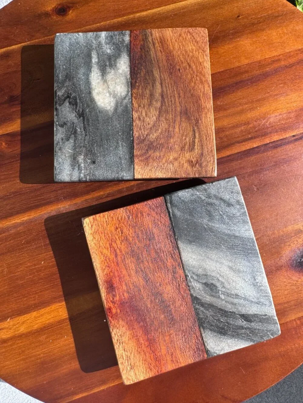Artisan Acacia Wood and Marble Coaster Set of 2, Modern Stone Drink Coasters